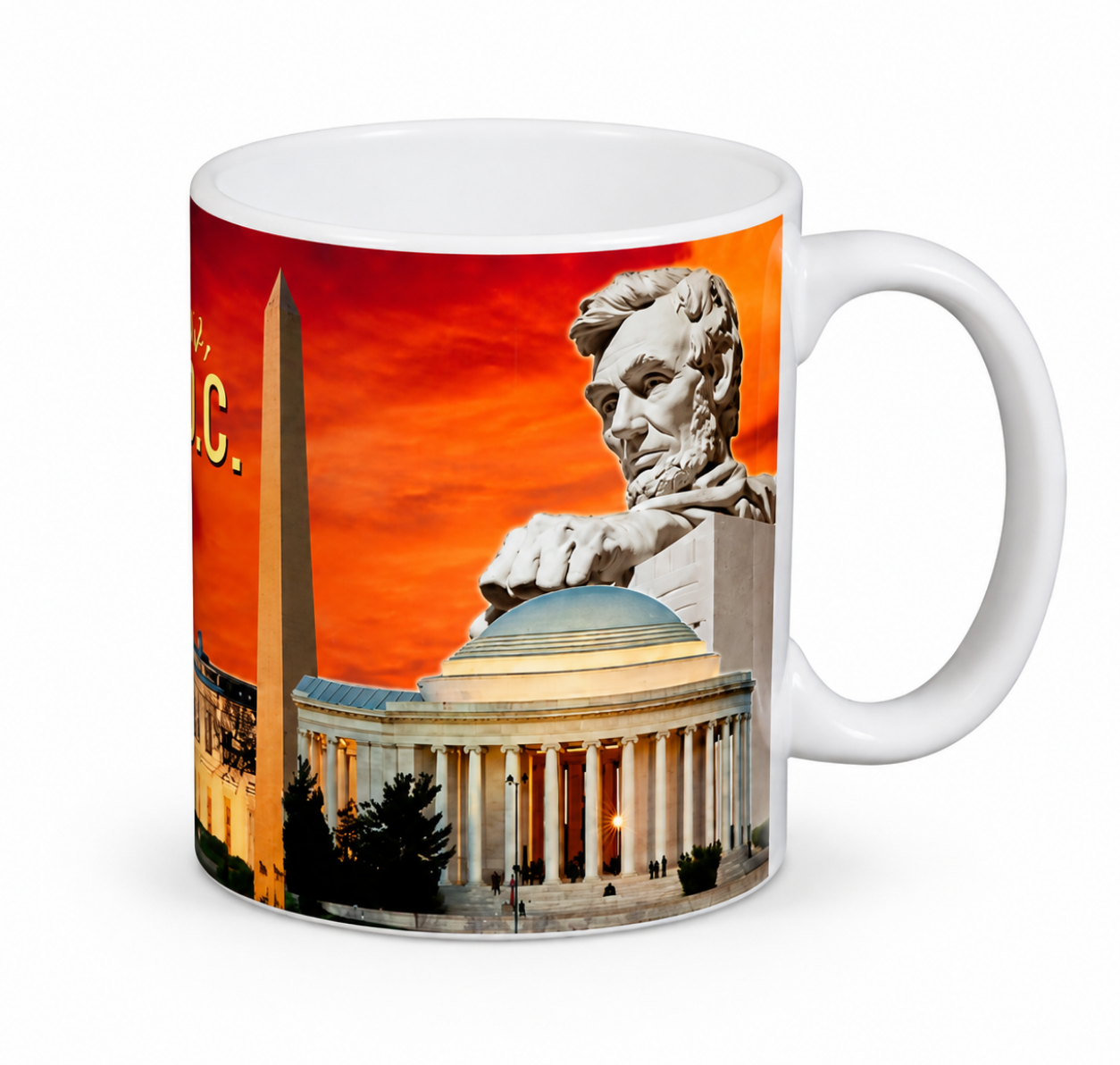 A white ceramic coffee mug featuring a printed graphic of the Lincoln Memorial and Washington Monument in Washington, D.C.