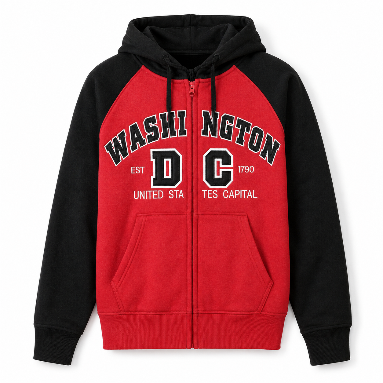 A red and black zip-up hoodie with 'WASHINGTON DC' printed in black and white varsity lettering on the front, set against a plain white background.