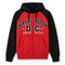 A red and black zip-up hoodie with 'WASHINGTON DC' printed in black and white varsity lettering on the front, set against a plain white background.