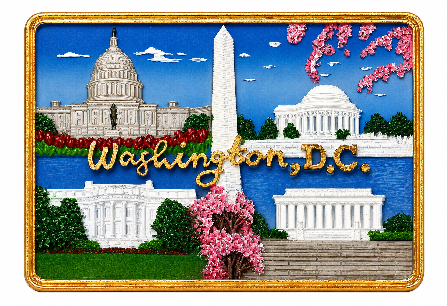 D.C. Monuments Panorama with Cherry Blossoms Ceramic Magnet
