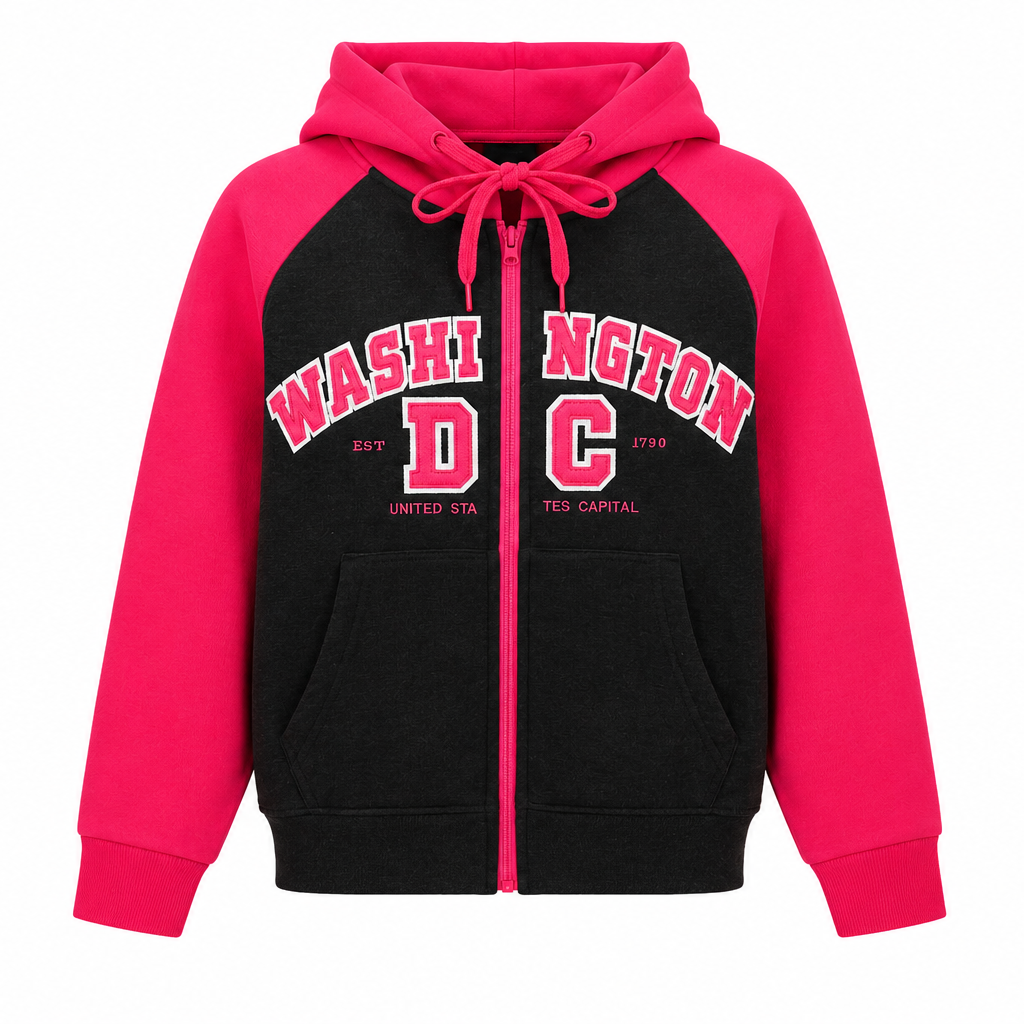 Black and pink hoodie with 'Washington D.C.' text