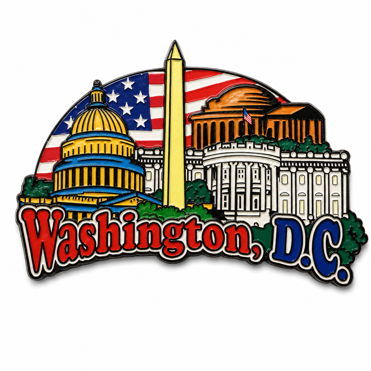 Washington DC Panorama & USA Flag Wooden Magnet