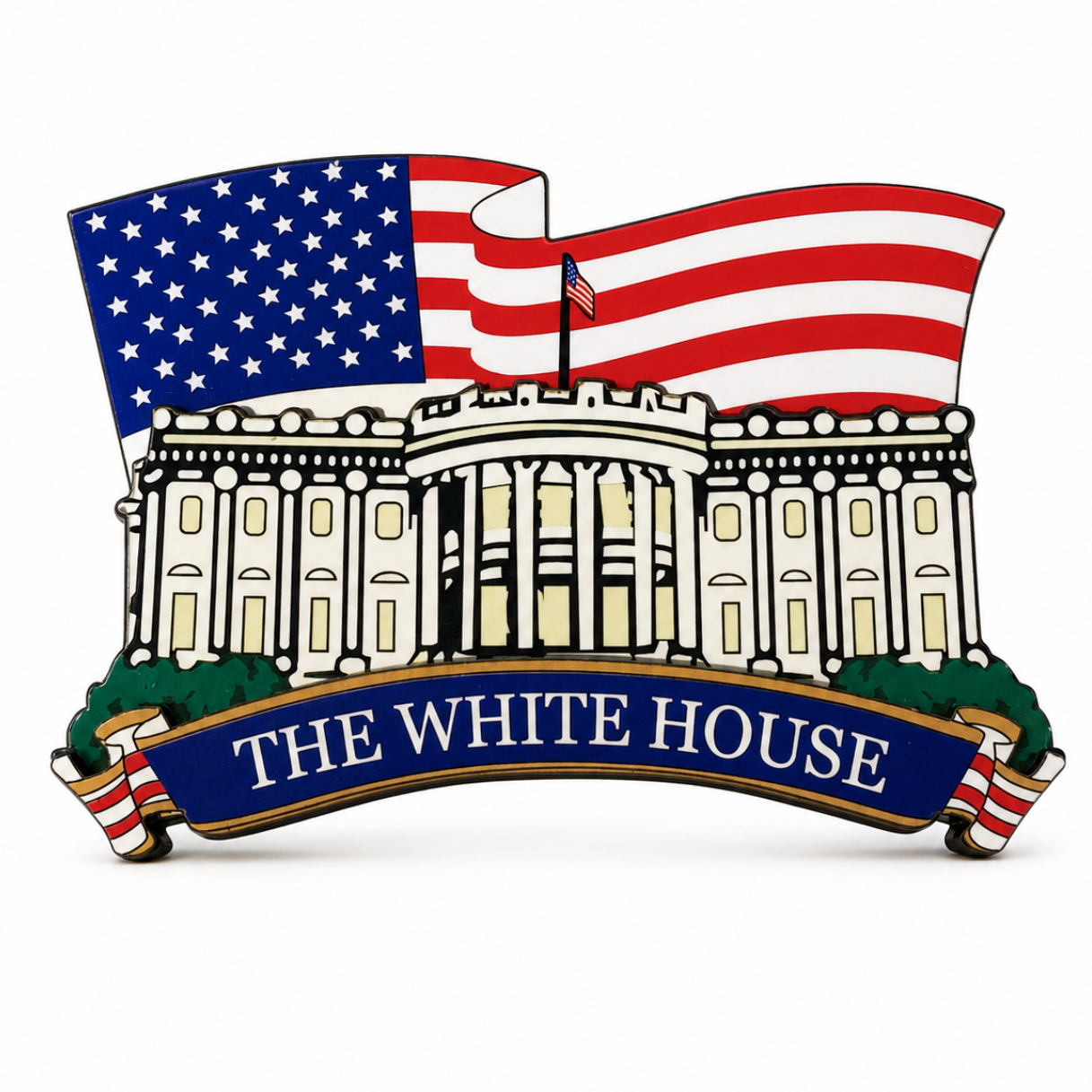 The White House Illustration & USA Flag Wooden Magnet