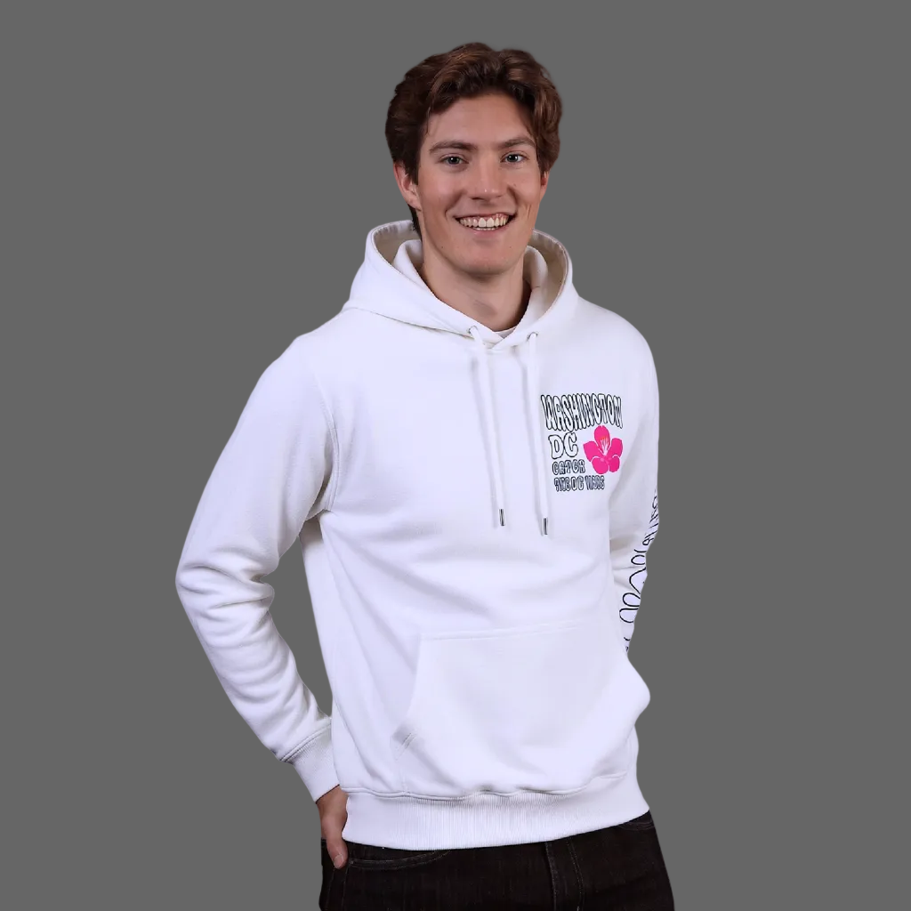 Person wearing a white hoodie with Washington D.C. written on the left side of the hoodie with cherry blossom on it and hand graphics on a white background.