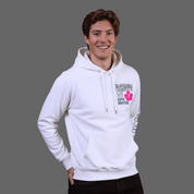 Person wearing a white hoodie with Washington D.C. written on the left side of the hoodie with cherry blossom on it and hand graphics on a white background.
