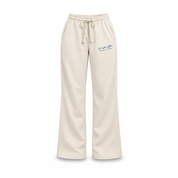 Cream wide-leg sweatpants with a drawstring waist and a small navy blue embroidered logo on the left thigh, shown against a plain white background.