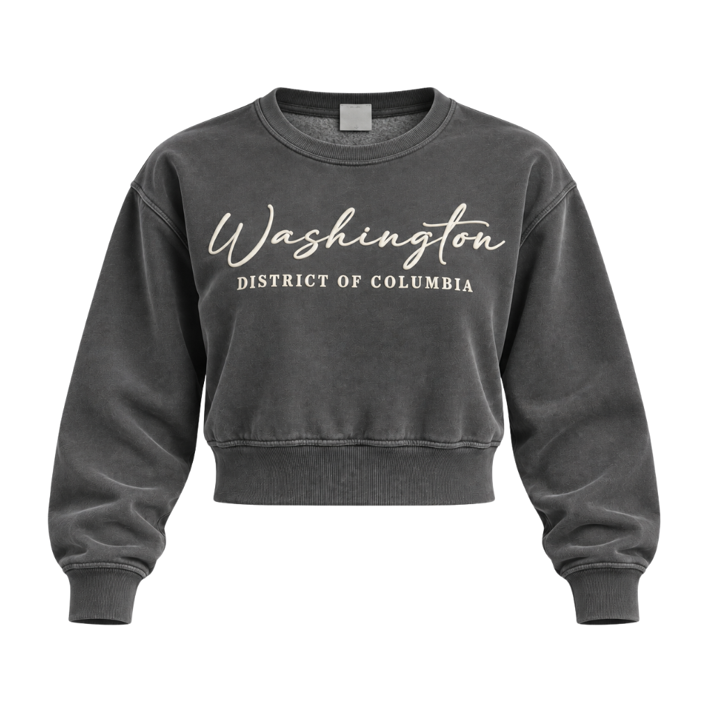A dark gray washed crewneck sweatshirt with 'Washington District of Columbia' printed in white across the chest, displayed on a clean white background.