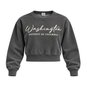 A dark gray washed crewneck sweatshirt with 'Washington District of Columbia' printed in white across the chest, displayed on a clean white background.