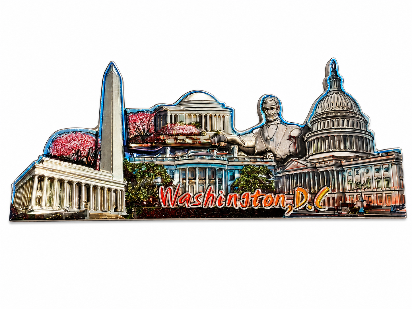 This shiny wooden magnet features a stunning panoramic view of Washington, D.C.'s most iconic landmarks, including the Lincoln Memorial, Washington Monument, and the Capitol Building among others.