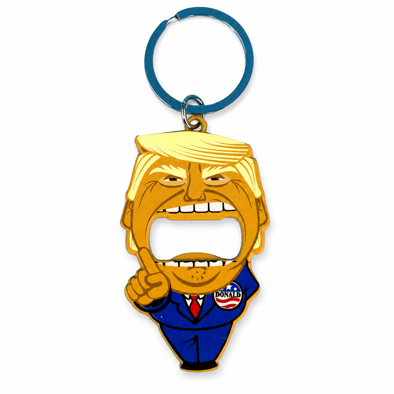 Donald Trump cartoon bottle opener keychain with blue suit and campaign-style design