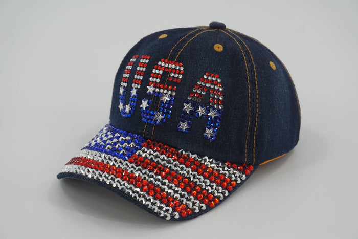 Denim Rhinestone USA Baseball Cap