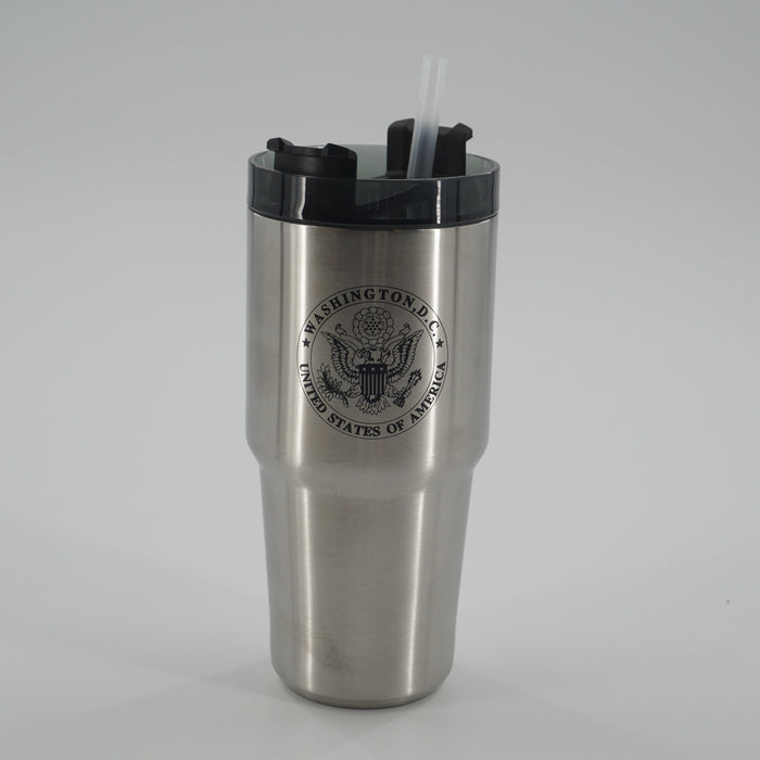 Washington DC U.S Seal Metal Silver Travel Mug with Straw