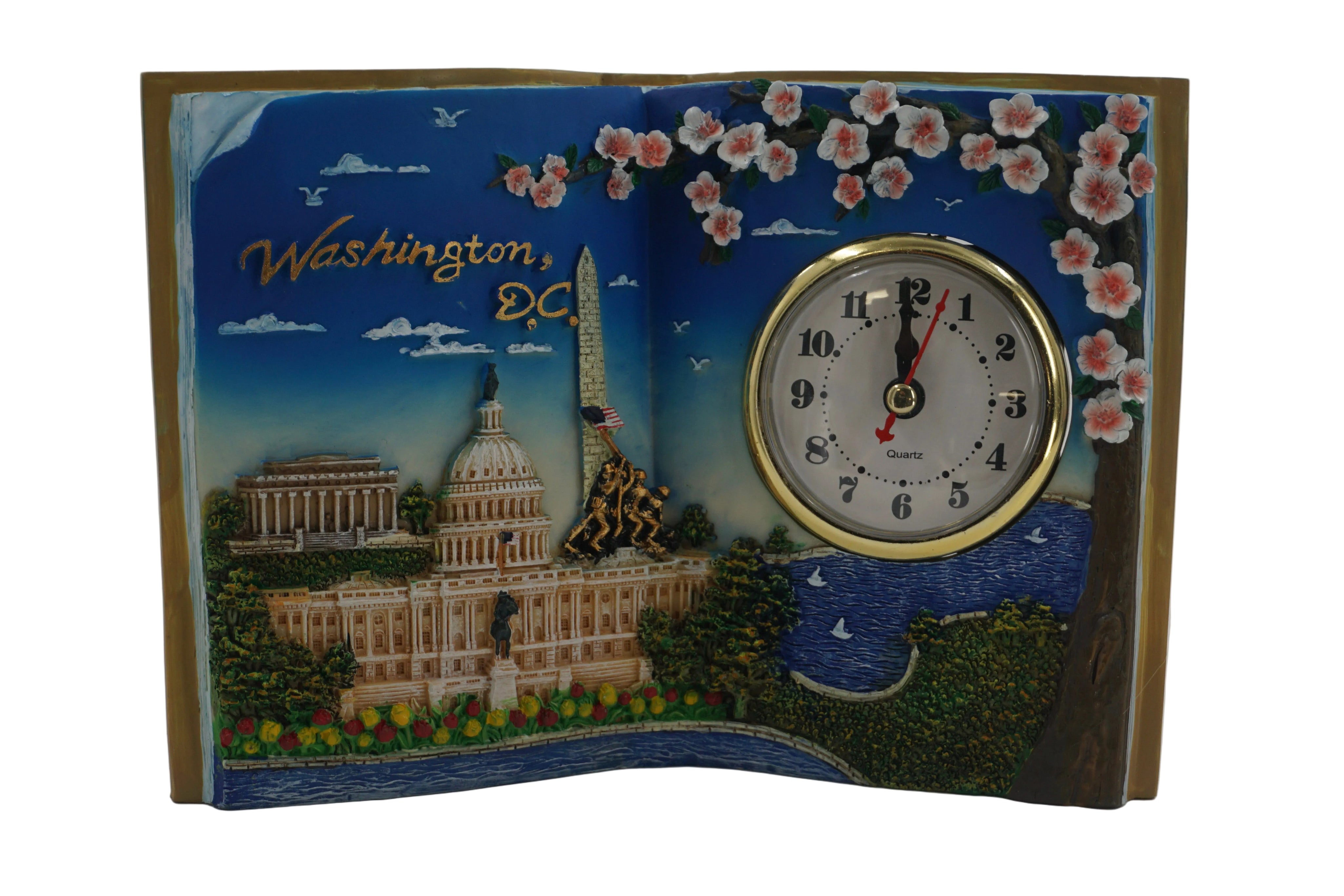 Decorative book with a clock featuring Washington, DC on a blue background
