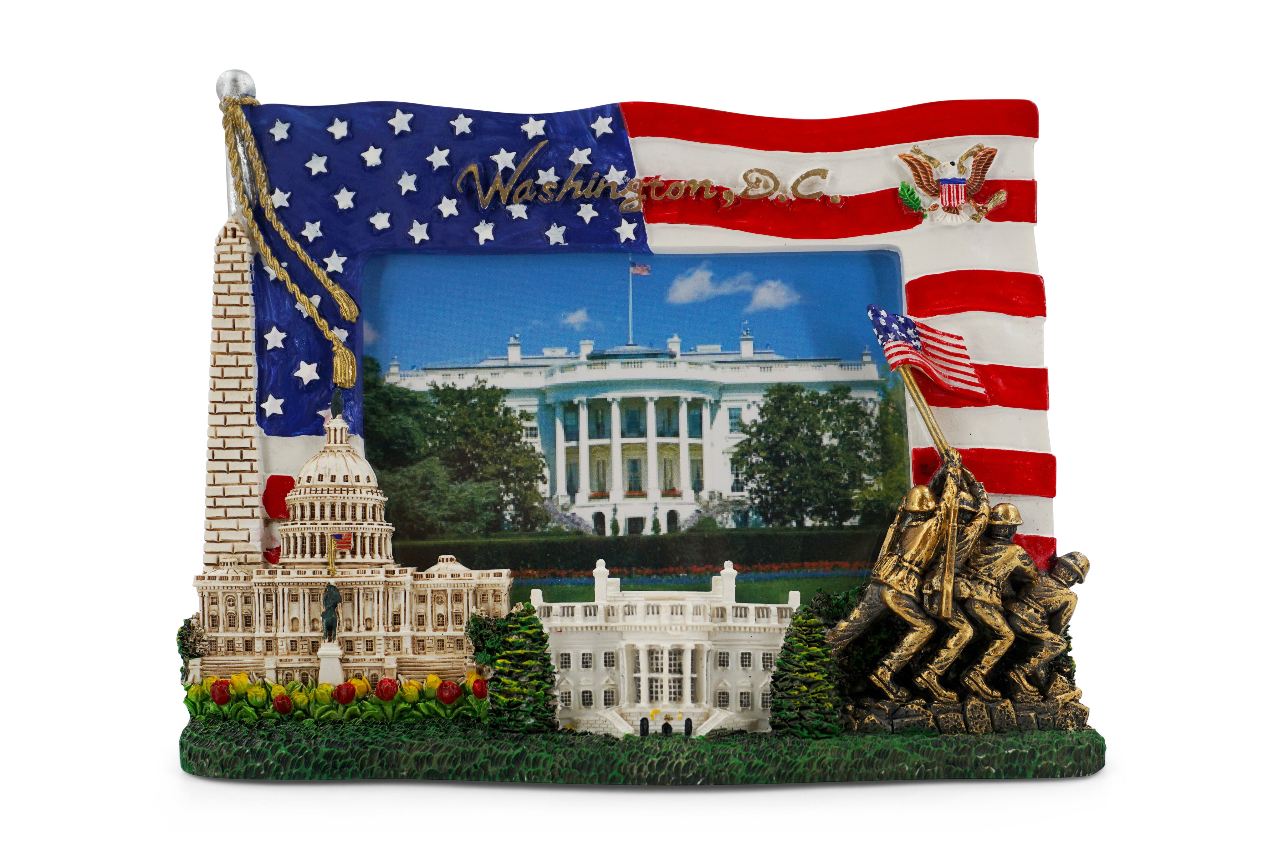 Decorative frame with U.S. flag design featuring iconic landmarks and the White House.