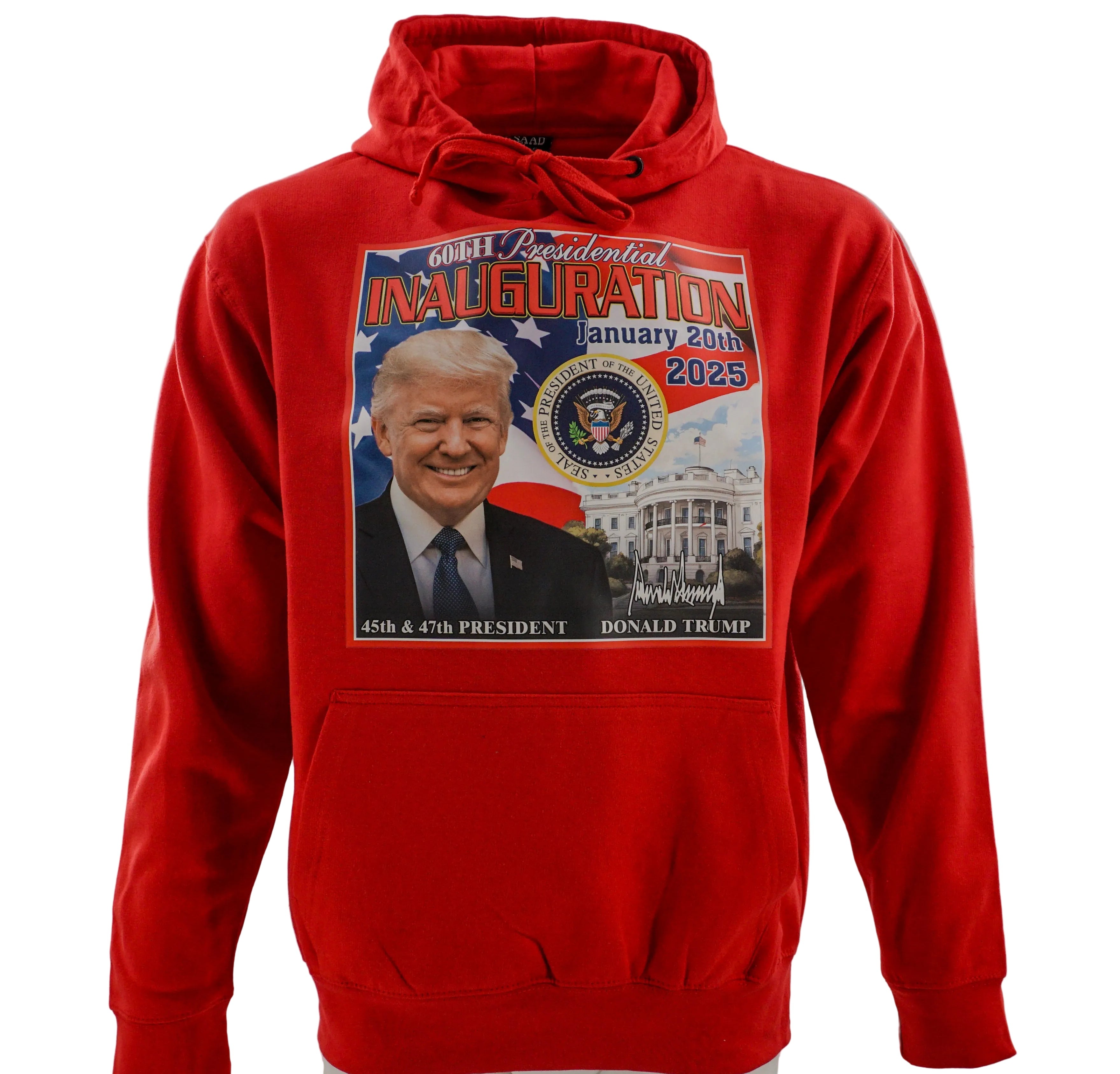 A red pullover hoodie featuring a large front graphic print for Donald Trump's 2025 inauguration, displayed on a white mannequin torso against a plain white background.