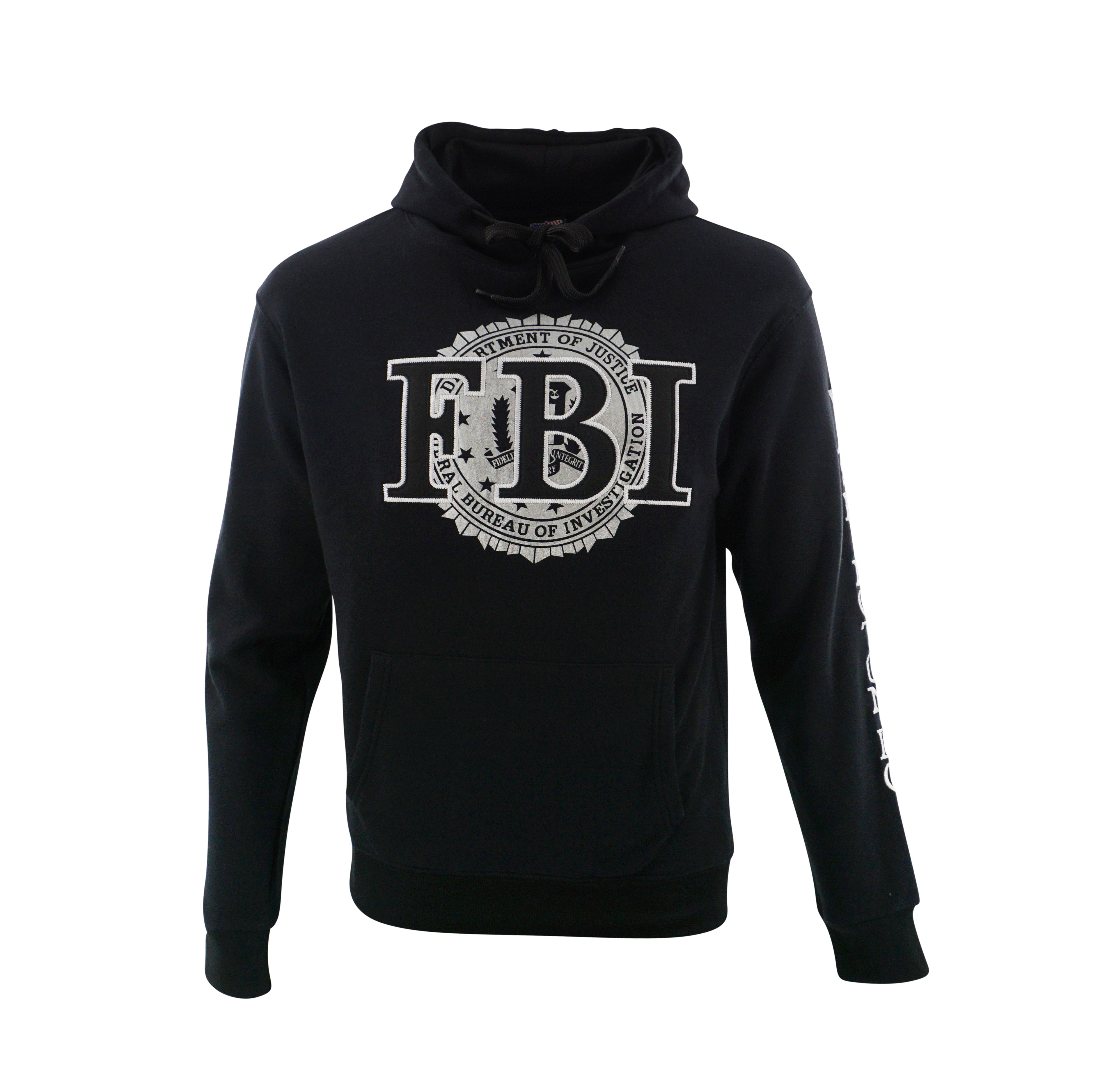 Black hoodie with white embroidered FBI logo on the front.