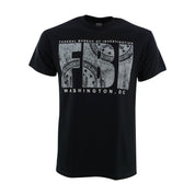 Black t-shirt with silkscreen print of FBI logo and 'Washington, D.C.' on the front.