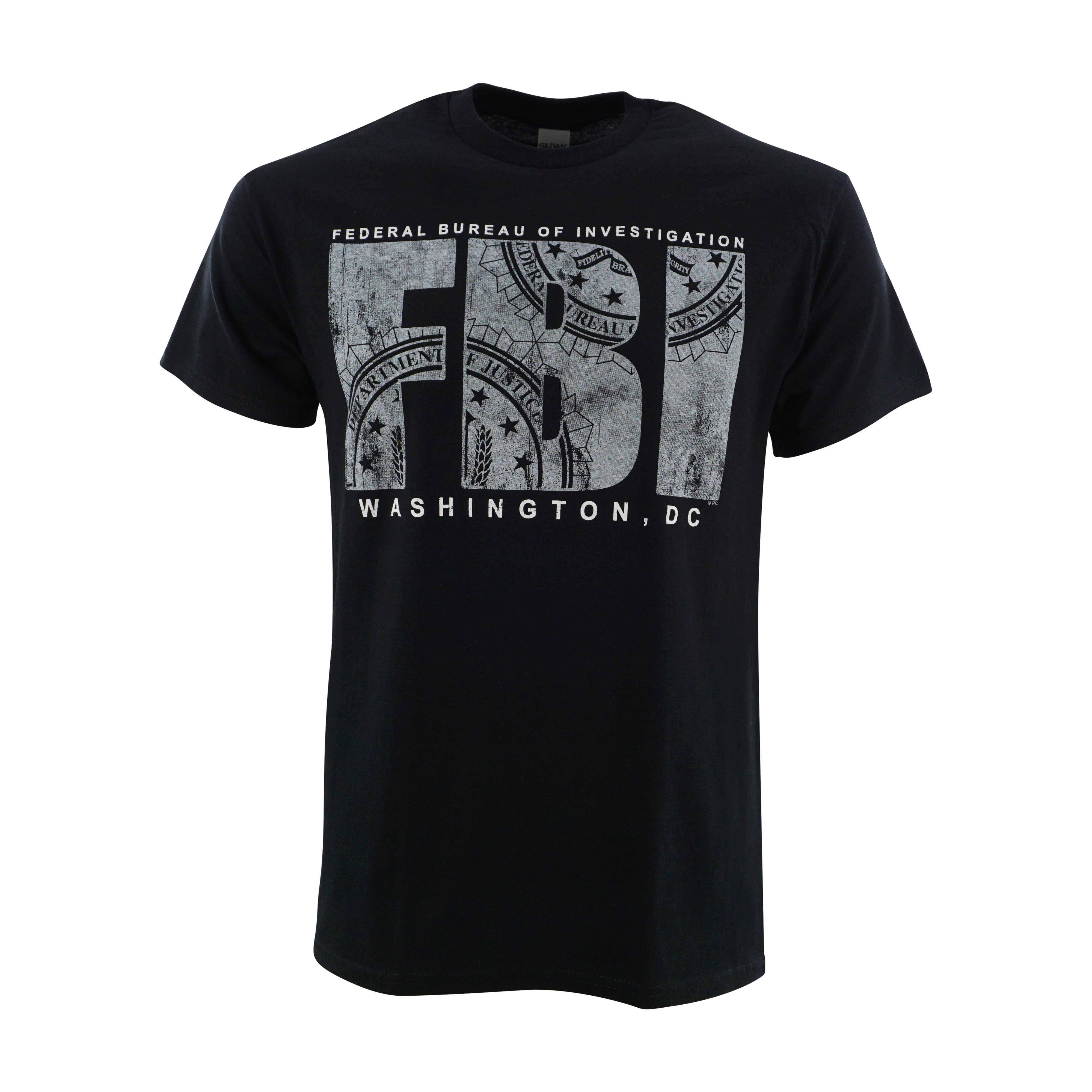 Black t-shirt with silkscreen print of FBI logo and 'Washington, D.C.' on the front.
