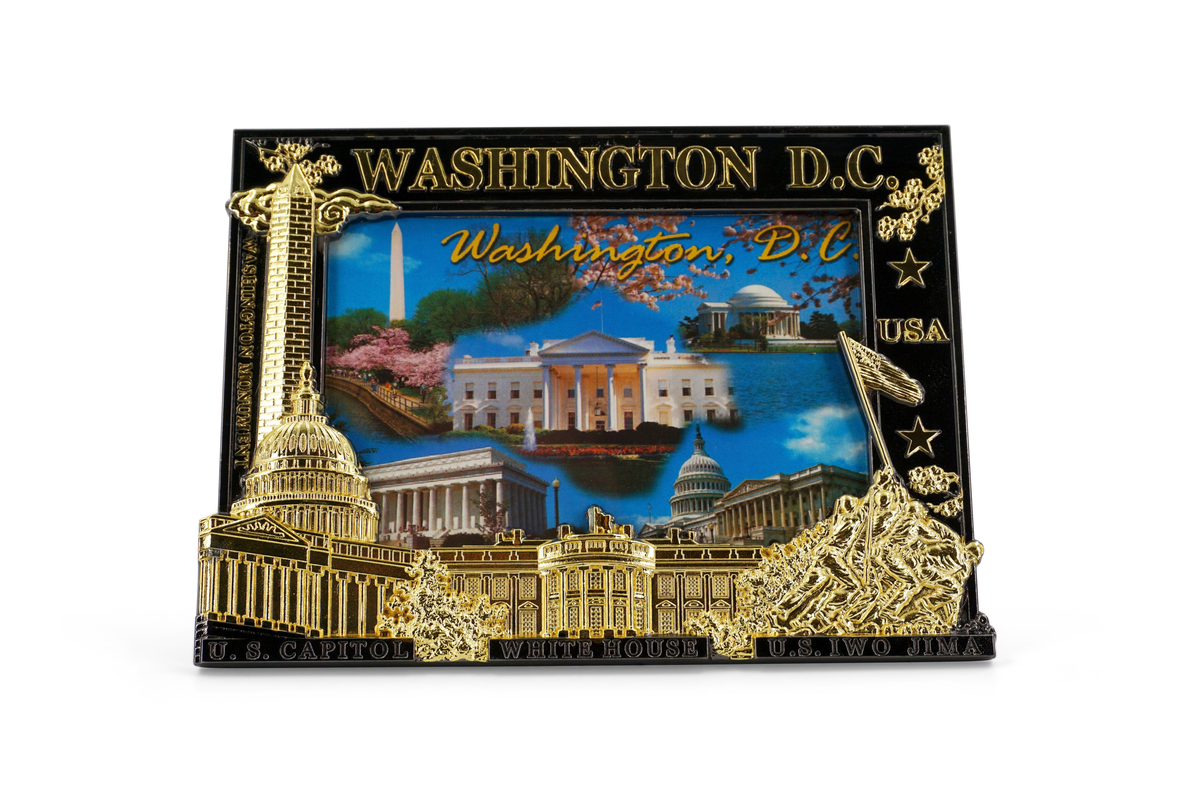Framed artwork of Washington D.C. landmarks with gold accents on a black border.