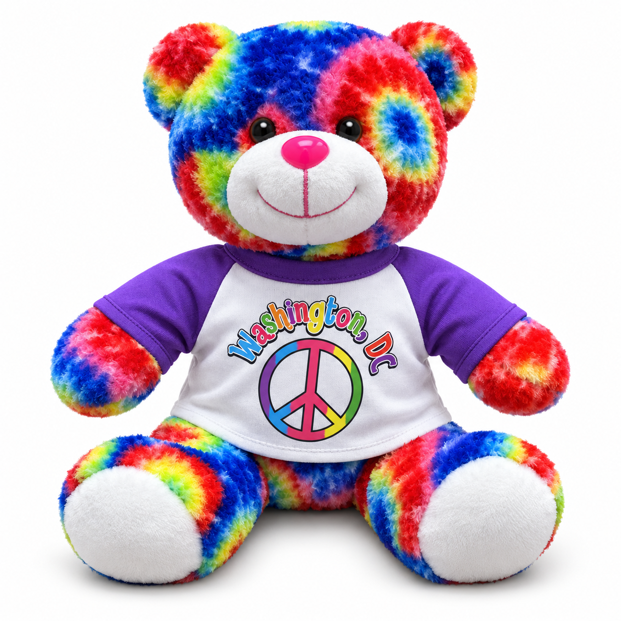 A plush teddy bear with a vibrant rainbow tie-dye pattern, wearing a purple and white raglan t-shirt that reads 'Washington DC' with a peace sign graphic, set against a plain white background.
