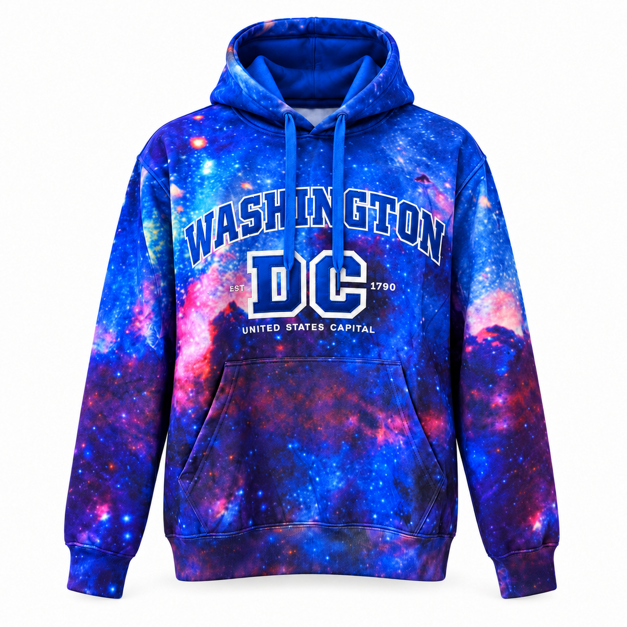 A blue and purple galaxy-print pullover hoodie with 'WASHINGTON DC' printed in white on the chest, shown on a plain white background.