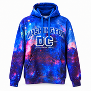 A blue and purple galaxy-print pullover hoodie with 'WASHINGTON DC' printed in white on the chest, shown on a plain white background.