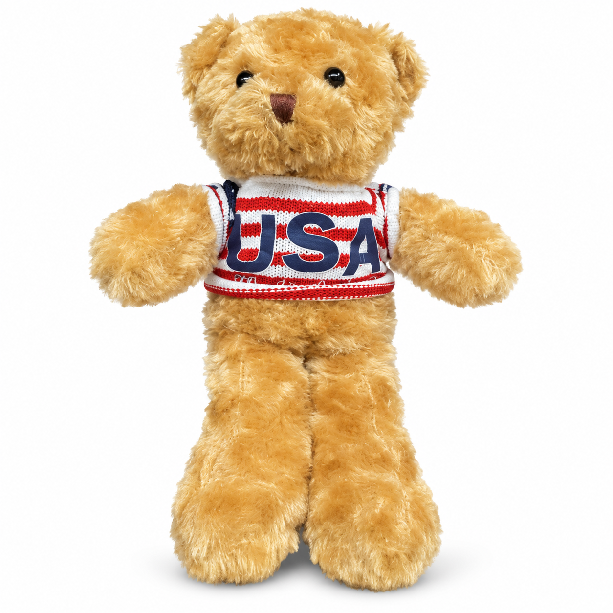 A golden-brown plush teddy bear wearing a red, white, and blue knit sweater with 'USA' printed across the chest, set against a plain white background.