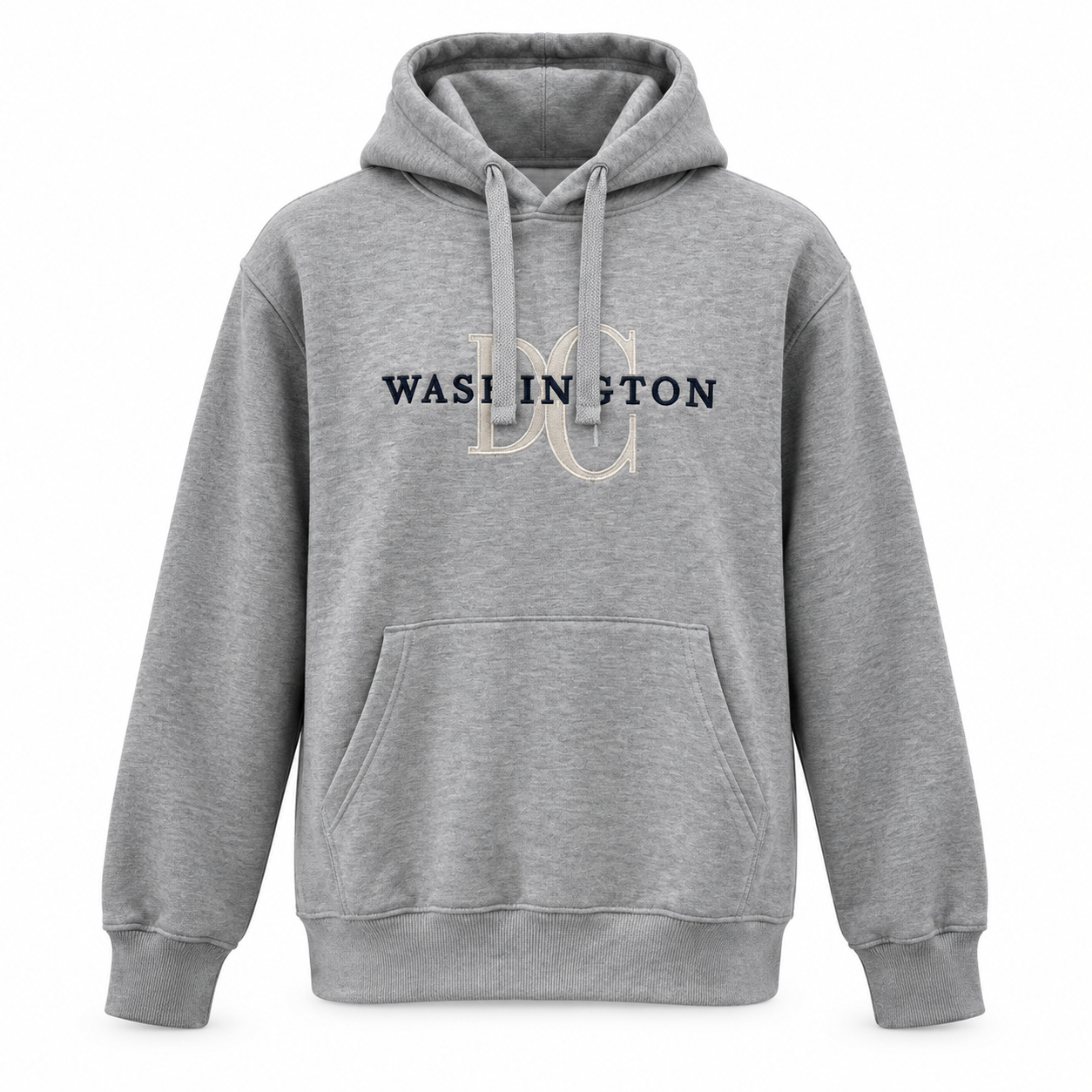 A heather gray pullover hoodie with a front kangaroo pocket and drawstring hood, featuring a distressed graphic on the chest that reads 'WASHINGTON' with an integrated 'DC' monogram in navy and beige.