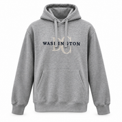 A heather gray pullover hoodie with a front kangaroo pocket and drawstring hood, featuring a distressed graphic on the chest that reads 'WASHINGTON' with an integrated 'DC' monogram in navy and beige.