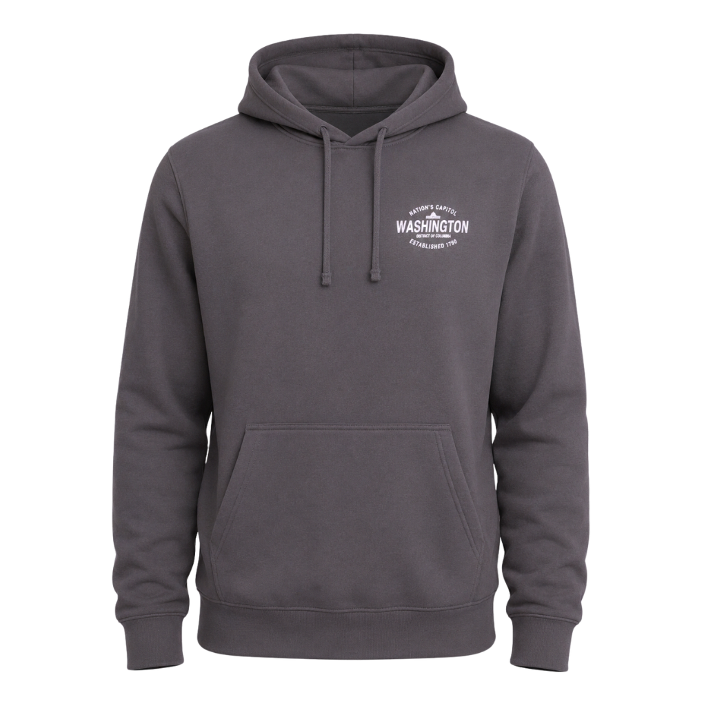 A dark gray pullover hoodie with a white circular graphic on the left chest reading 'WASHINGTON' and smaller text around it. The hoodie has a front kangaroo pocket and drawstrings, shown on a plain white background.