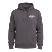 A dark gray pullover hoodie with a white circular graphic on the left chest reading 'WASHINGTON' and smaller text around it. The hoodie has a front kangaroo pocket and drawstrings, shown on a plain white background.