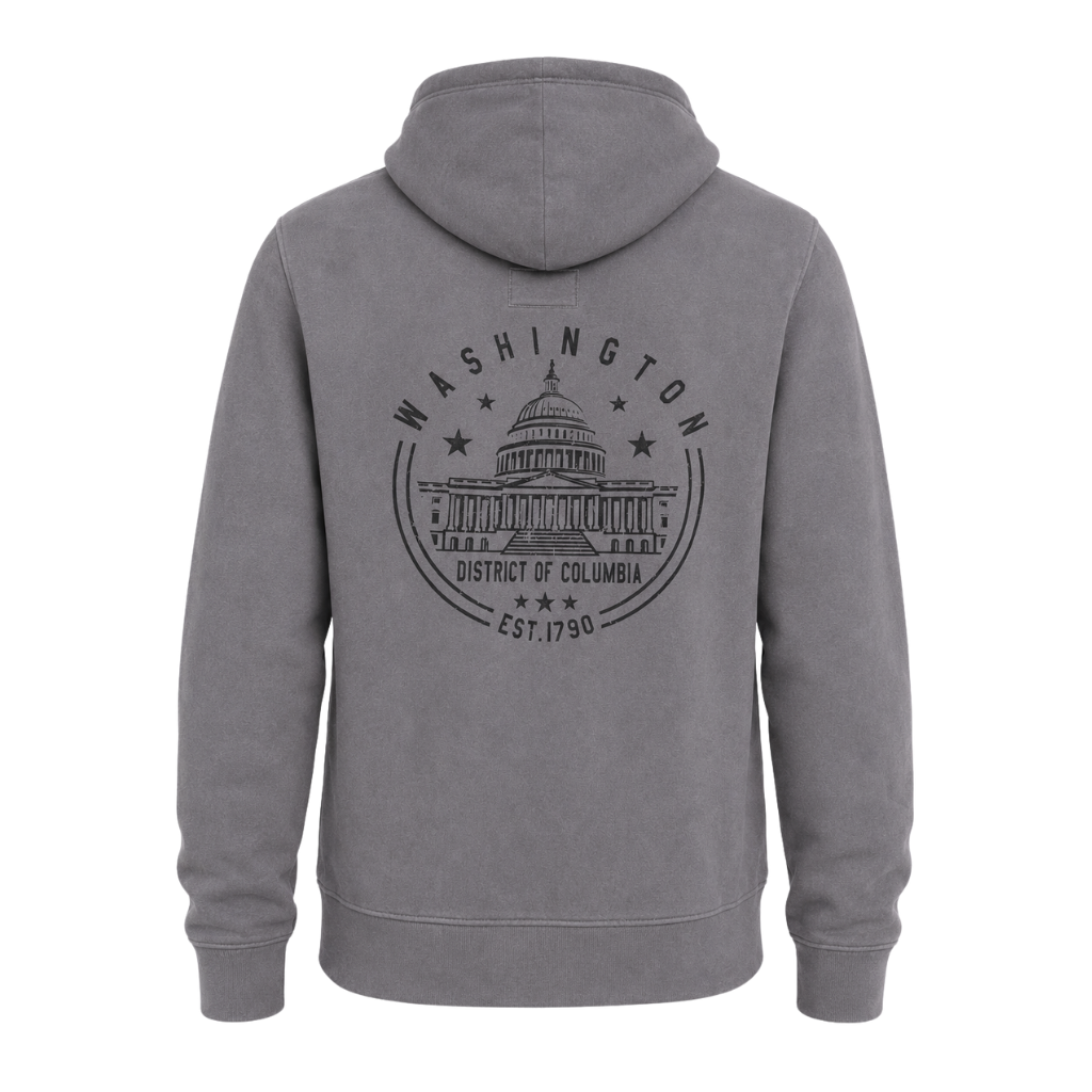A gray pullover hoodie shown from the back, featuring a black graphic print of the U.S.