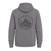 A gray pullover hoodie shown from the back, featuring a black graphic print of the U.S.