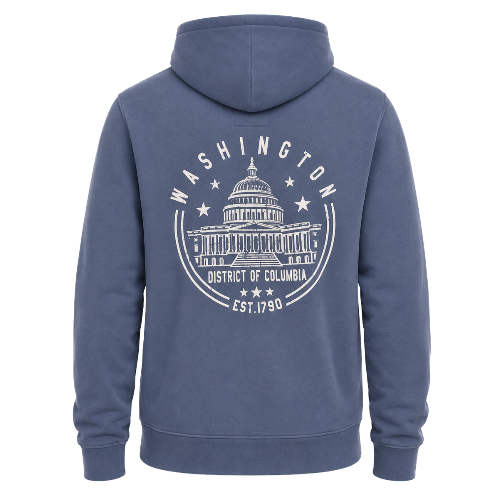 A blue pullover hoodie shown from the back, featuring a white graphic print of the Washington D.C.