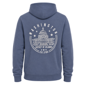 A blue pullover hoodie shown from the back, featuring a white graphic print of the Washington D.C.