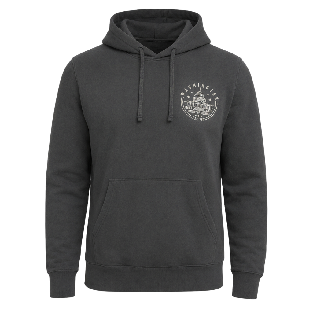 A dark charcoal gray pullover hoodie with a white circular graphic printed on the left chest, displayed on a clean white background.