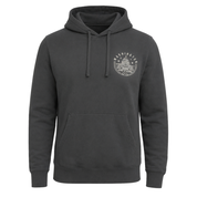 A dark charcoal gray pullover hoodie with a white circular graphic printed on the left chest, displayed on a clean white background.