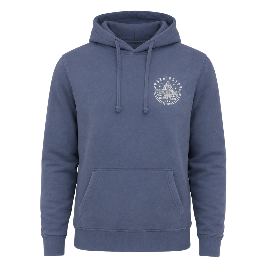 A slate blue pullover hoodie with a white circular graphic on the left chest, featuring a drawstring hood and front kangaroo pocket, shown on a plain white background.