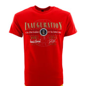 The shirt features a large graphic print on the front with the word 'INAGURATION' in gold, a circular presidential seal, and signatures in gold and white.