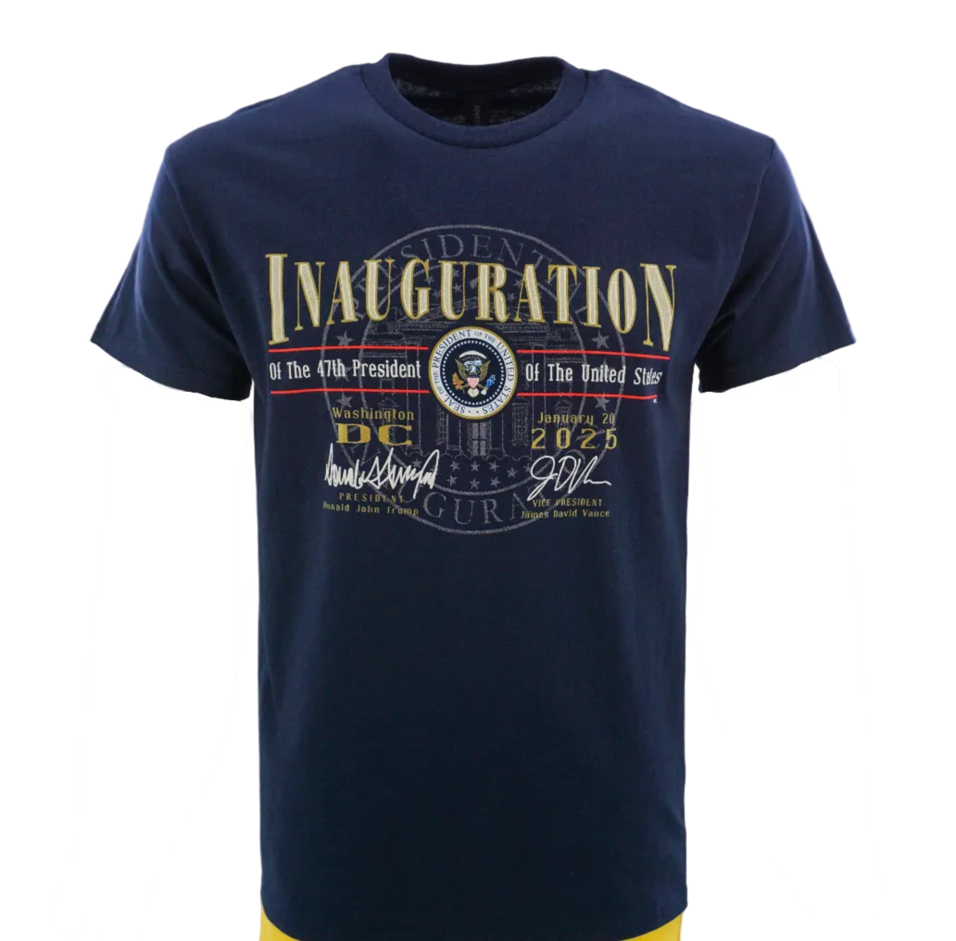 The shirt features a large graphic print on the front with the word 'INAGURATION' in gold, a circular presidential seal, and signatures in gold and white.