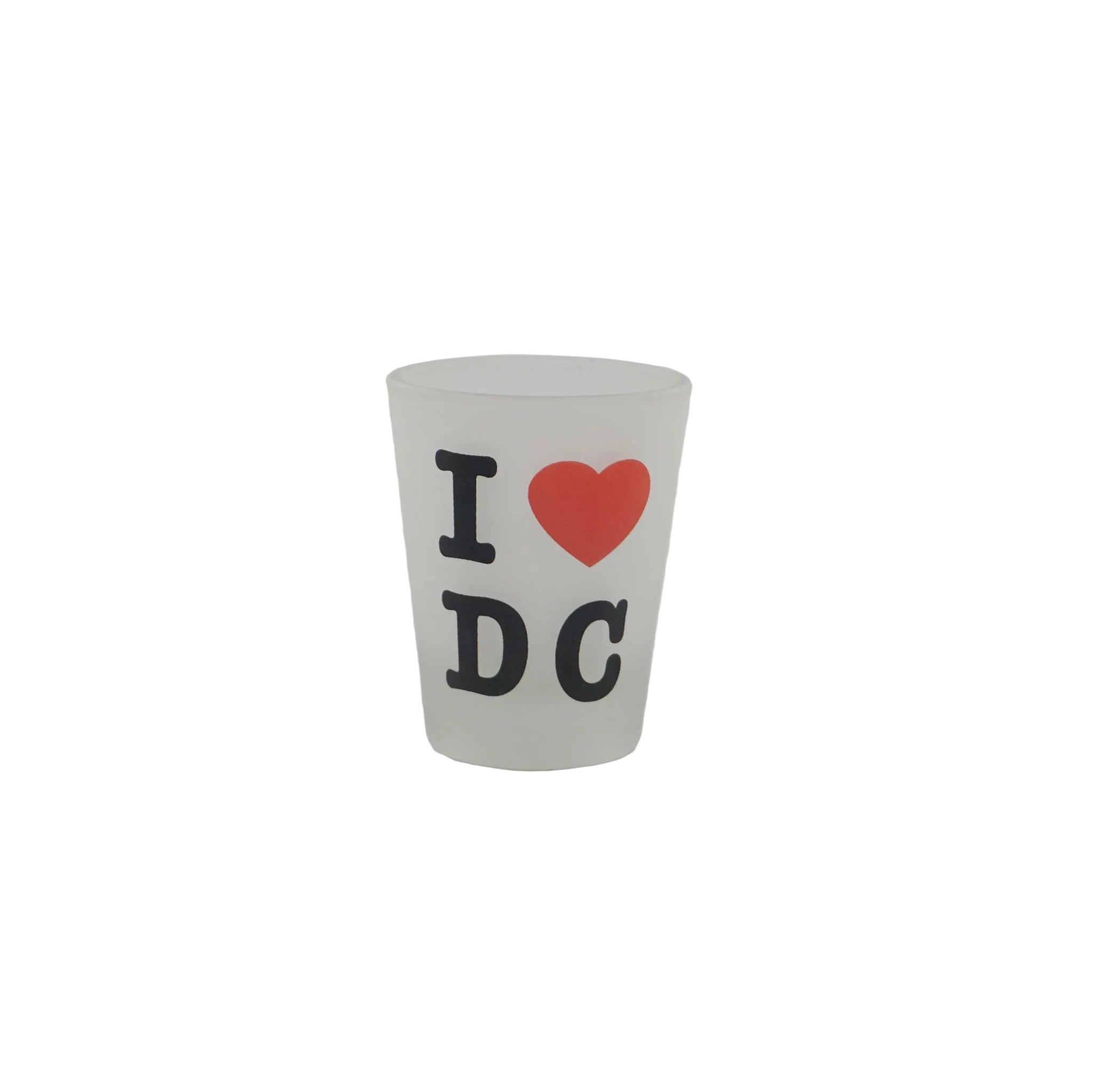 Frosted shot glass with 'I ❤️ DC' text on a white background