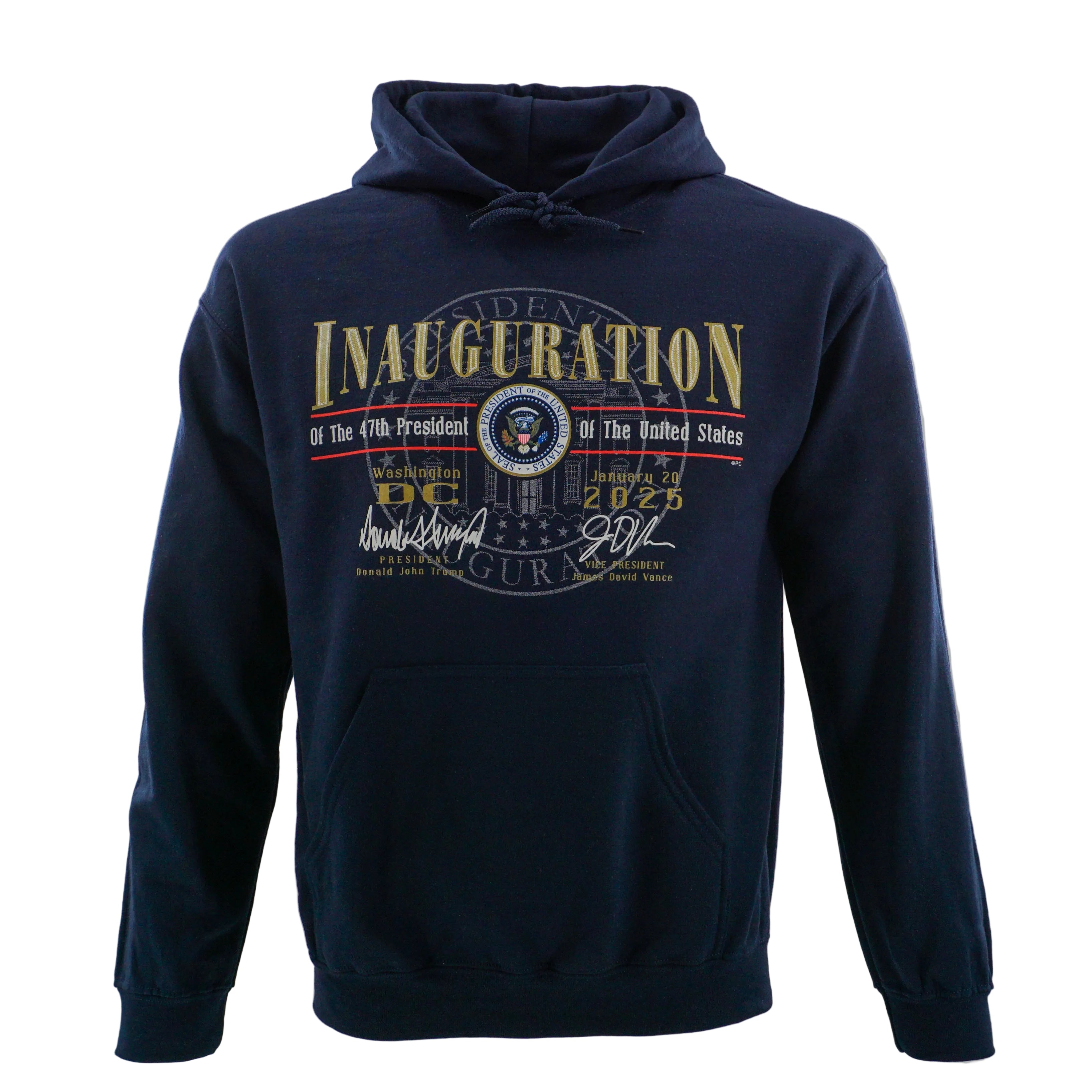 A navy hoodie with the text 'Inauguration of the 47th President of the United States' and the presidential seal.