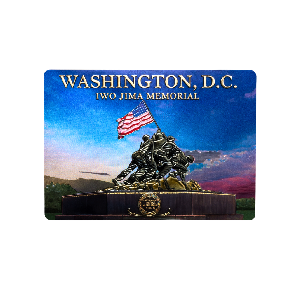 Washington DC Iwo Jima Memorial magnet featuring the U.S. Marine Corps War Memorial with the American flag and a colorful sunset sky.