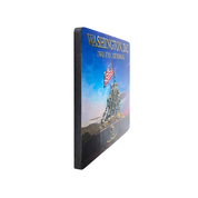 Premium side-angle view of the Washington DC Iwo Jima Memorial magnet showcasing its dimensional layered construction and detailed landmark artwork.