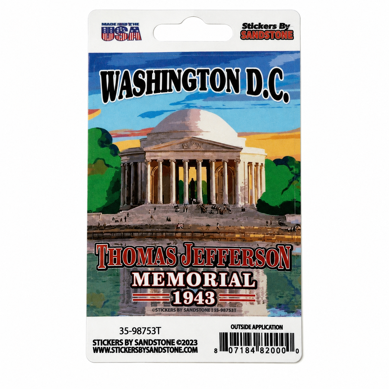 A packaged sticker featuring an illustrated view of the Thomas Jefferson Memorial in Washington D.C.