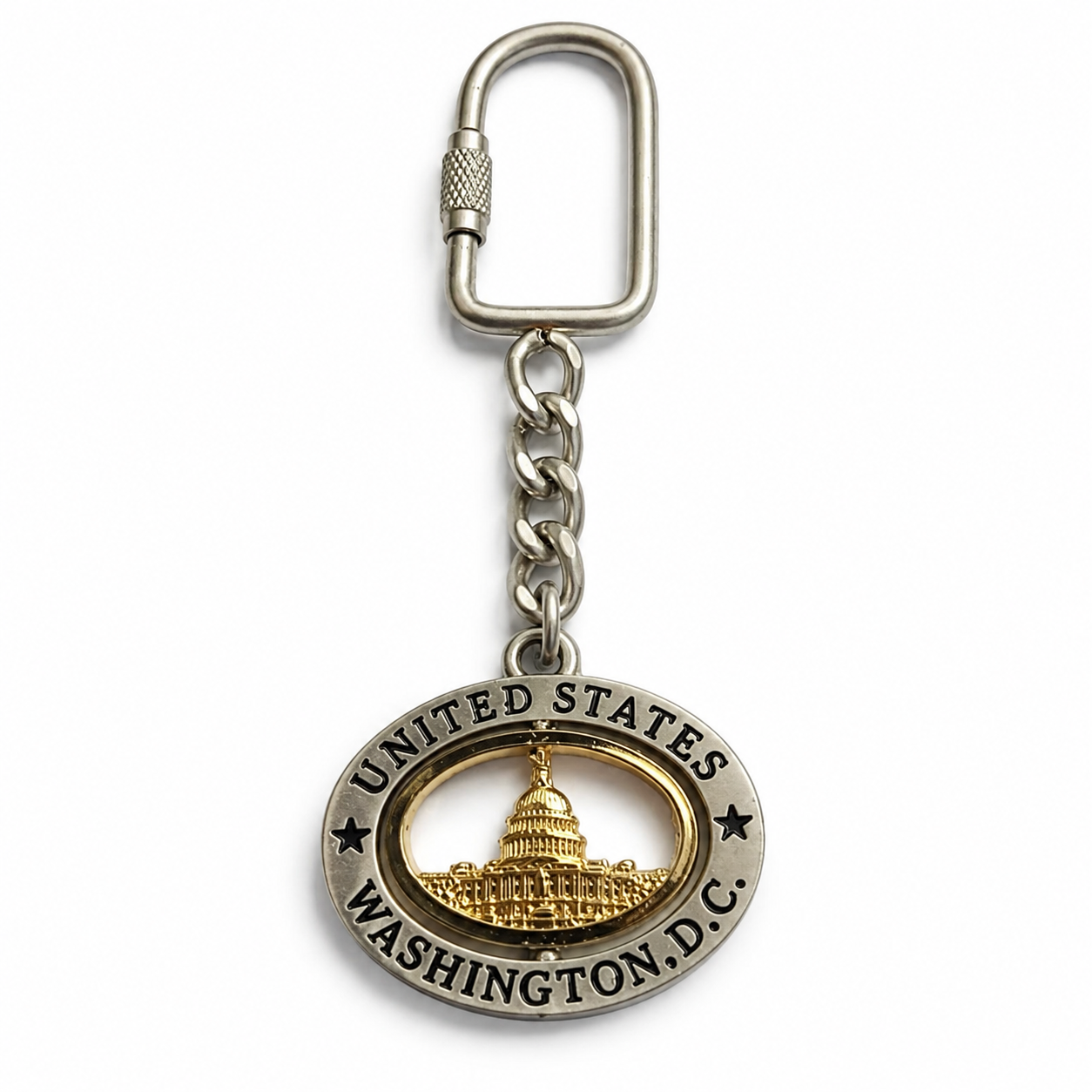 A silver-toned metal keychain with a carabiner clip, short chain, and oval charm featuring the words 'UNITED STATES WASHINGTON, D.C.