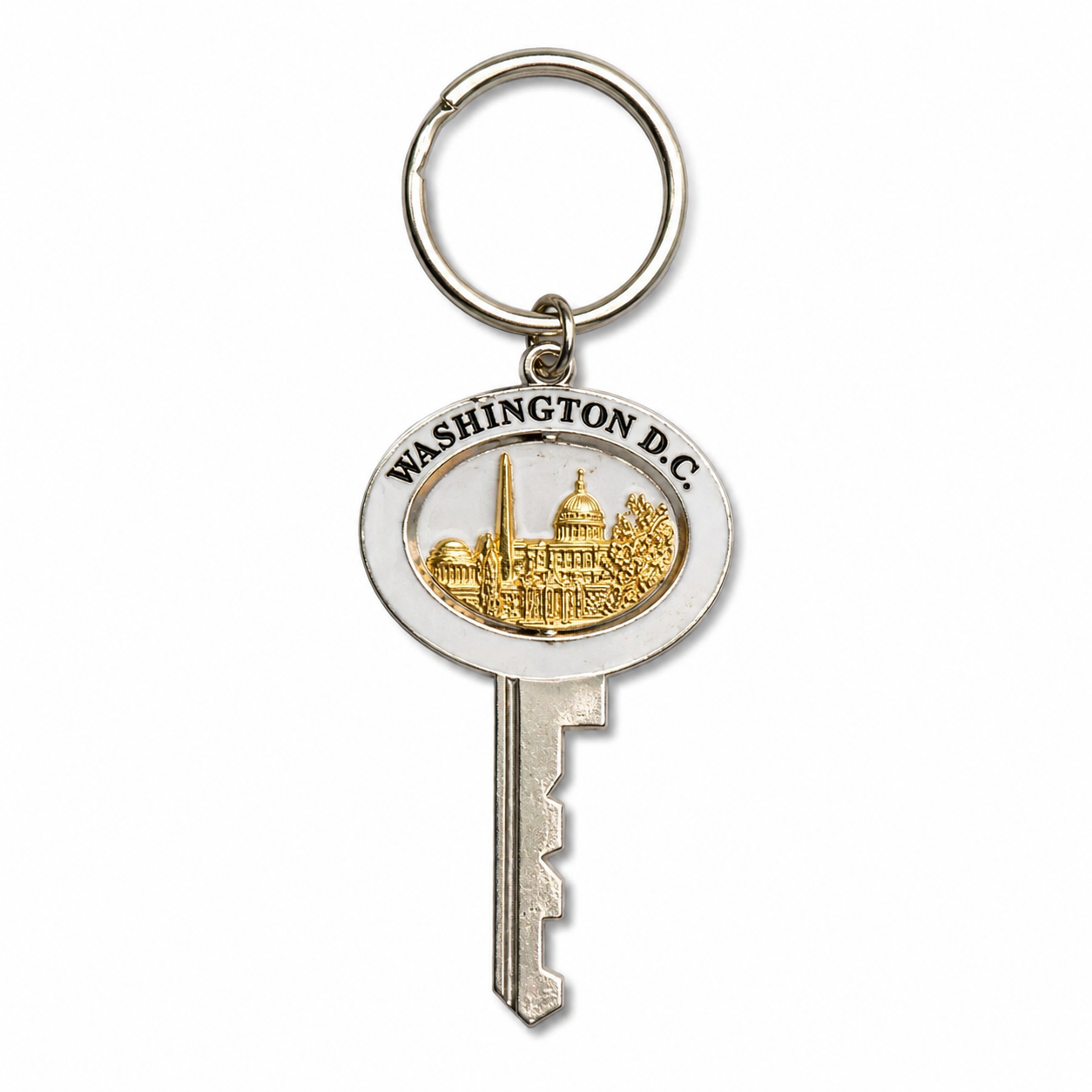 A silver and gold keychain featuring a Washington D.C.