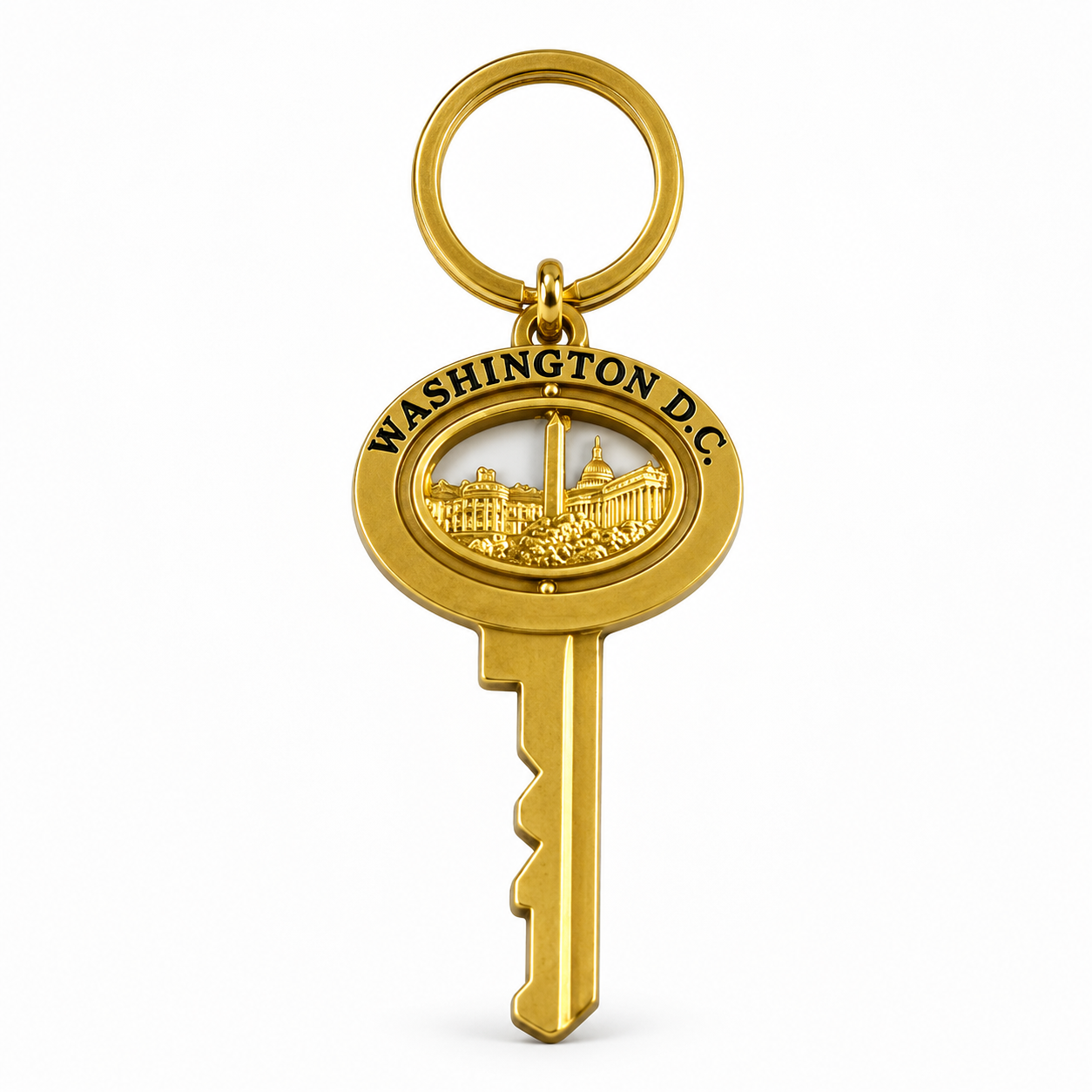 Gold-tone Washington DC key-shaped keychain with White House, Washington Monument, and U.S. Capitol