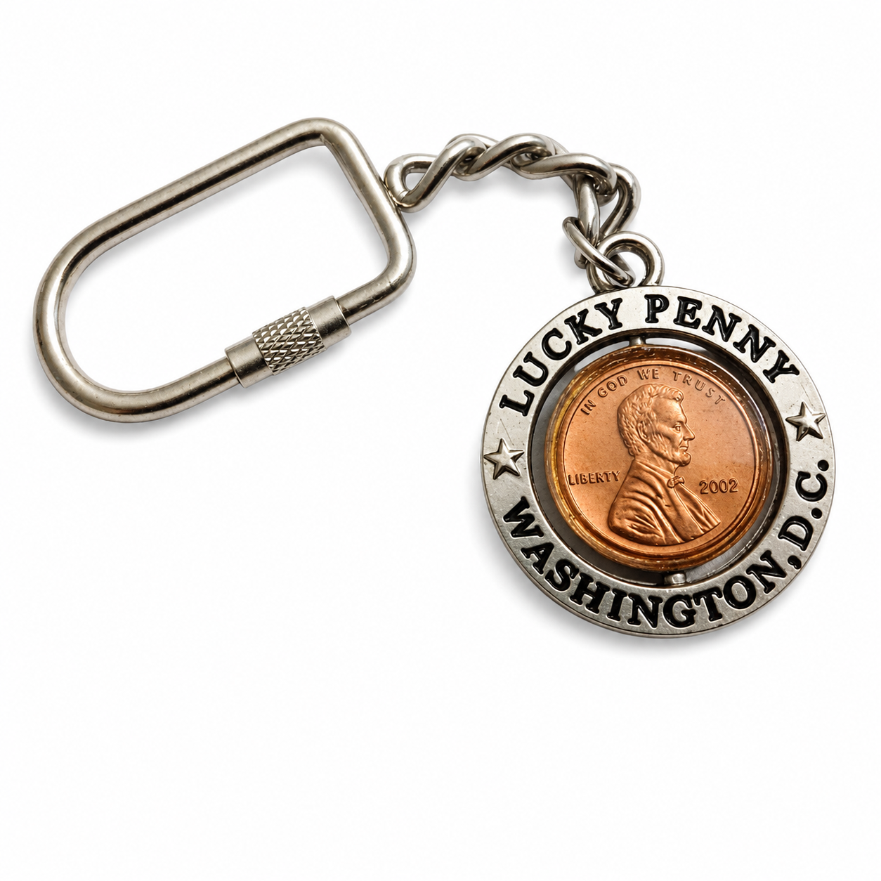 Silver Lucky penny Washington D.C keychain with a coin and metal keyring on a white background