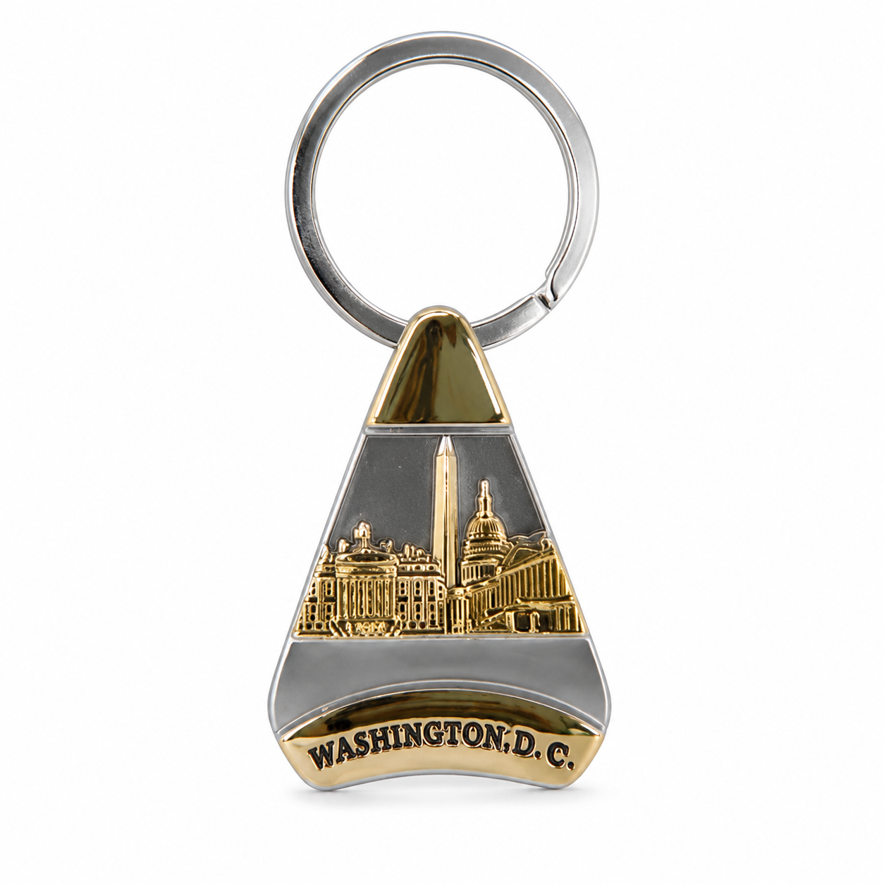 Silver-tone triangular Washington DC souvenir keychain with engraved city landmarks